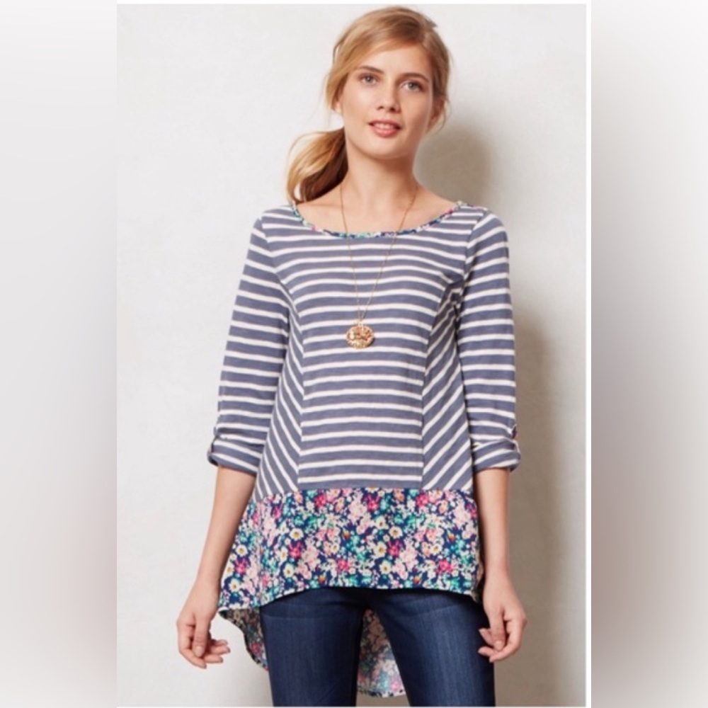Anthropologie Postmark Stripe Floral Top Preppy Boho Chic Soft Girl Cottagecore